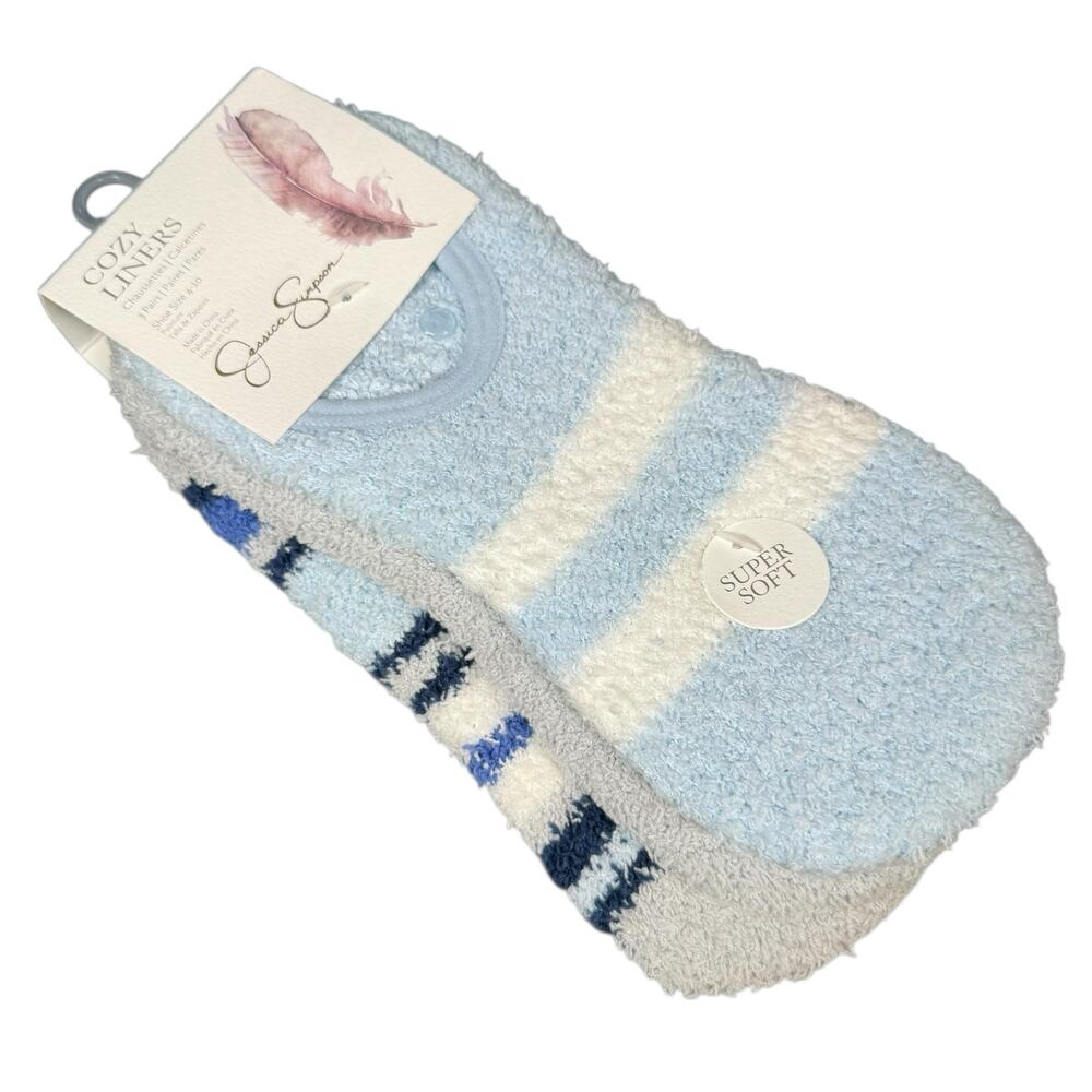 Jessica Simpson Fuzzy Non-Slip Socks Women 4-10 Blue Striped 3 Pairs Cozy Liners
